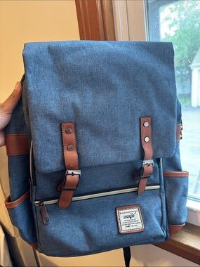 Wenjie Unisex Blue Canvas Backpack with Brown Trim